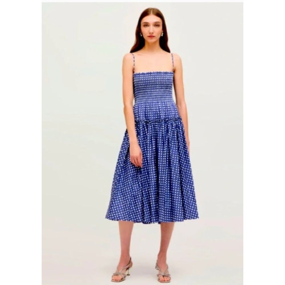 HILL HOUSE Sz XS Blue Basketweave Print Seraphina Midi Dress - Picture 10 of 11